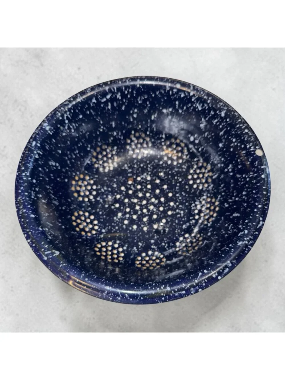 Vtg Blue White Enamel Colander Spatterware Splatterware Farmhouse Homestead 10